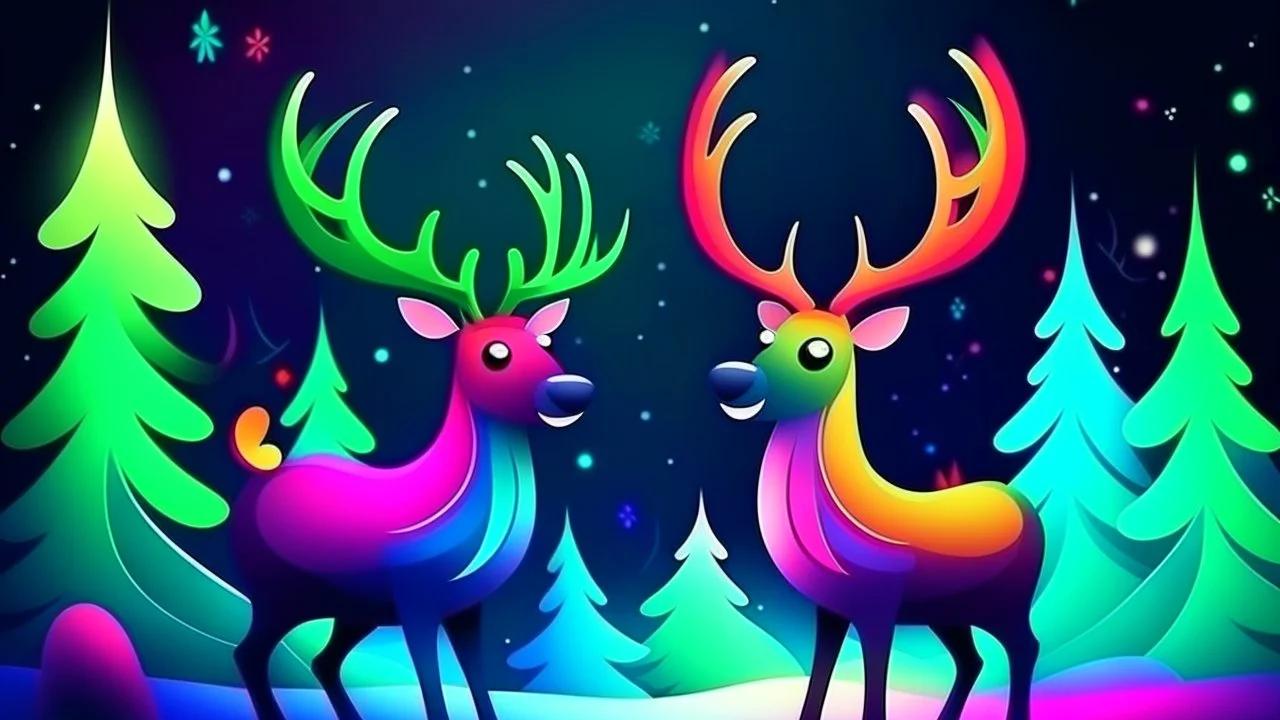 fantasy cartoon illustration: reindeers are looking Norther lights during Christmas party