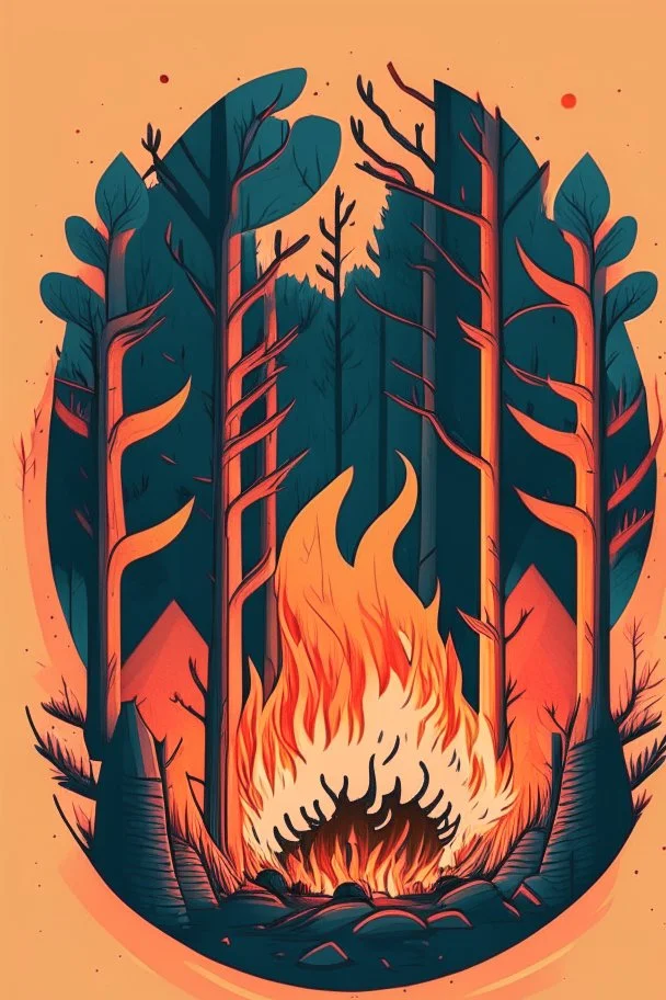 perfect round ball burning in a bonfire inside a forest, 2D flat illustration style, monoline, 3 colors max