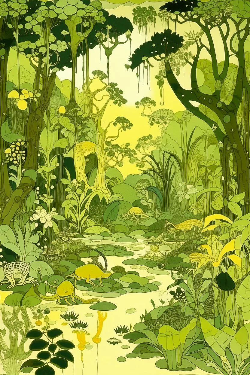 A pale greenish yellow rainforest with toxic frogs designed in Bayeux tapestry painted by Paul Cezanne