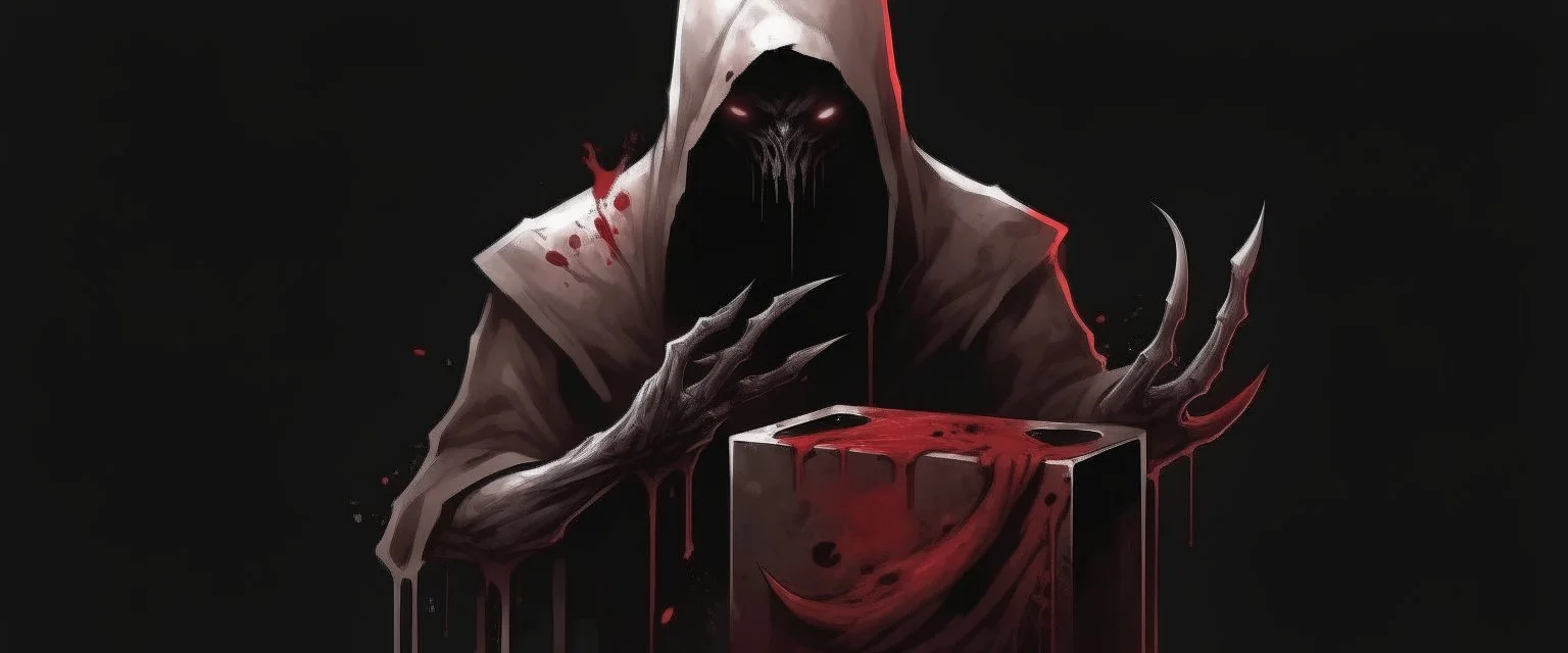 a faceless creature covered in blood holding up an empty black box