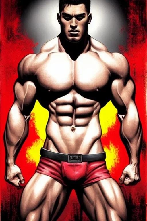 Ignore NSFW, teenager young rugged attractive slightly muscular fantastic handsome man, red briefs with yellow belt, hairy chest, (((visibly pisssing))) briefs, large erect visible boner peniss, photorealistic, artist Jay Anacleto