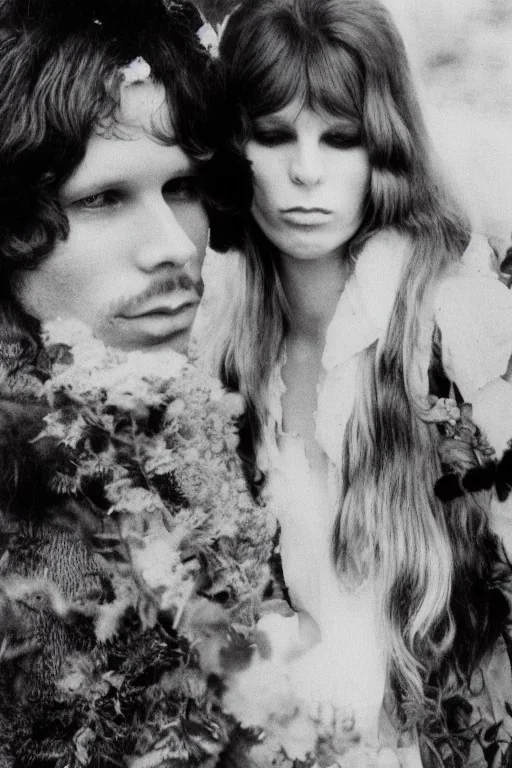 Jim Morrison and Pamela Courson ,music, ignoreNSFW, watermark, bohemian style , blurry,beautiful,elegant,roses, fantasy