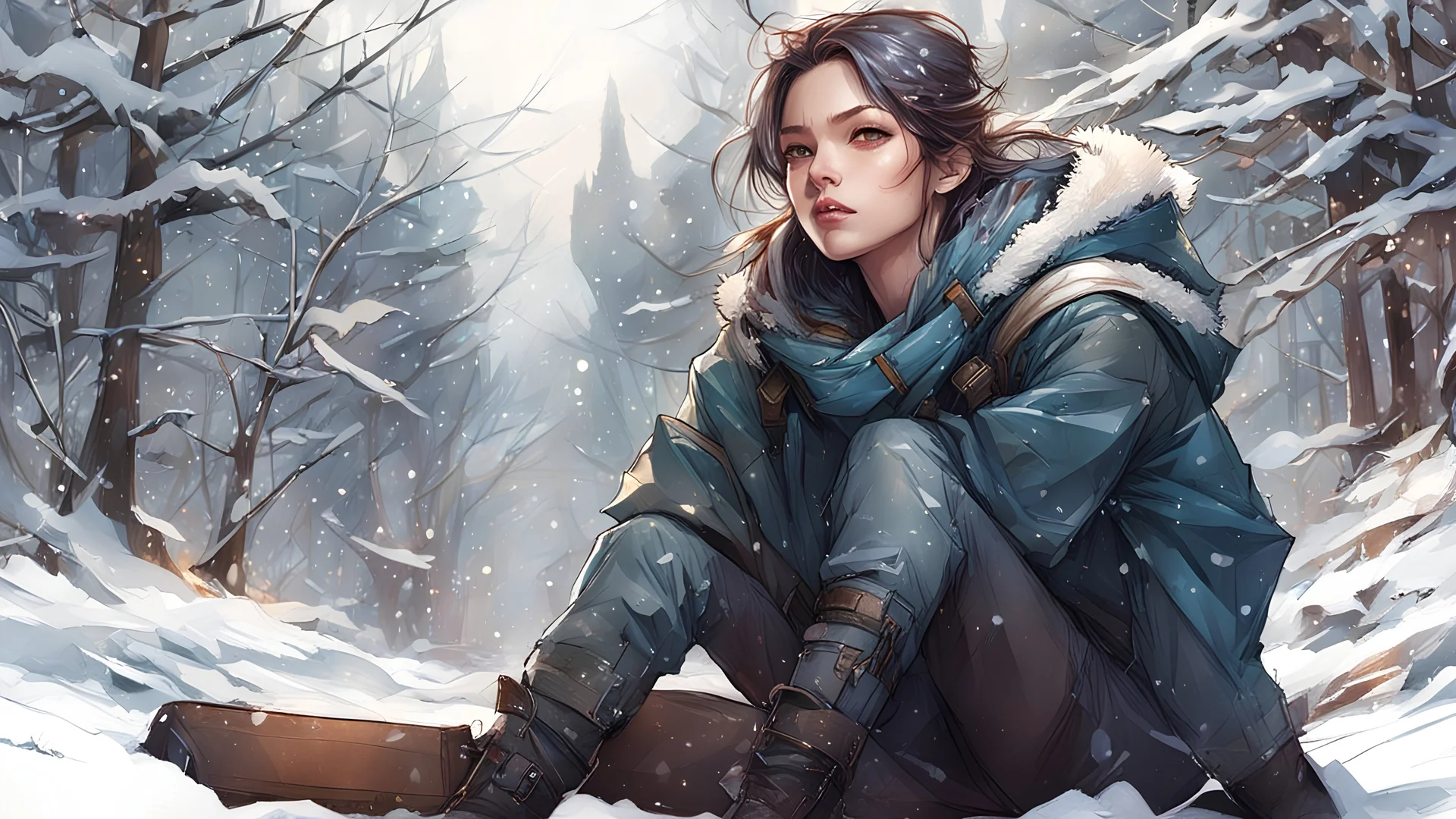 winter, (1suprgirl), (sitting:1.1), (medium full shot), perfect and detailed angular sharp face, comic book style, perfect anatomy, centered, approaching perfection, dynamic, highly detailed, character sheet, art station, concept art, smooth, sharp focus, illustration, by Kim Jung gi, Artgerm, Carne Griffiths and Wadim Kashin