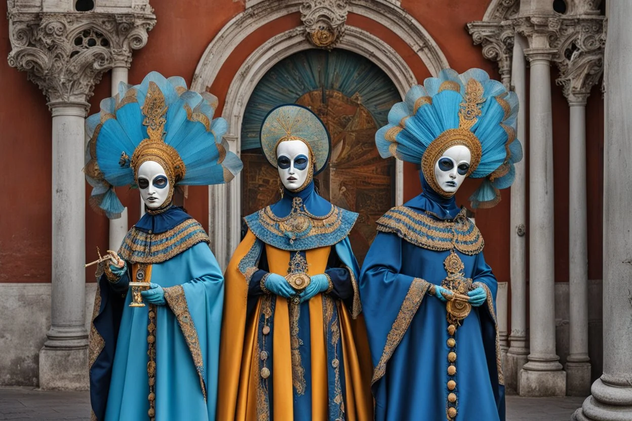 venice in a carnival picture 3, in the style of fantastical compositions, colorful, eye-catching compositions, symmetrical arrangements, navy and aquamarine, distinctive noses, gothic references, spiral group