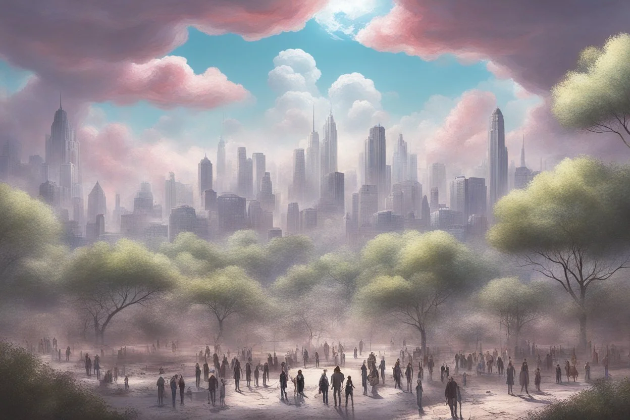 city, sci-fi, clouds, spring trees, people, gary numan influence