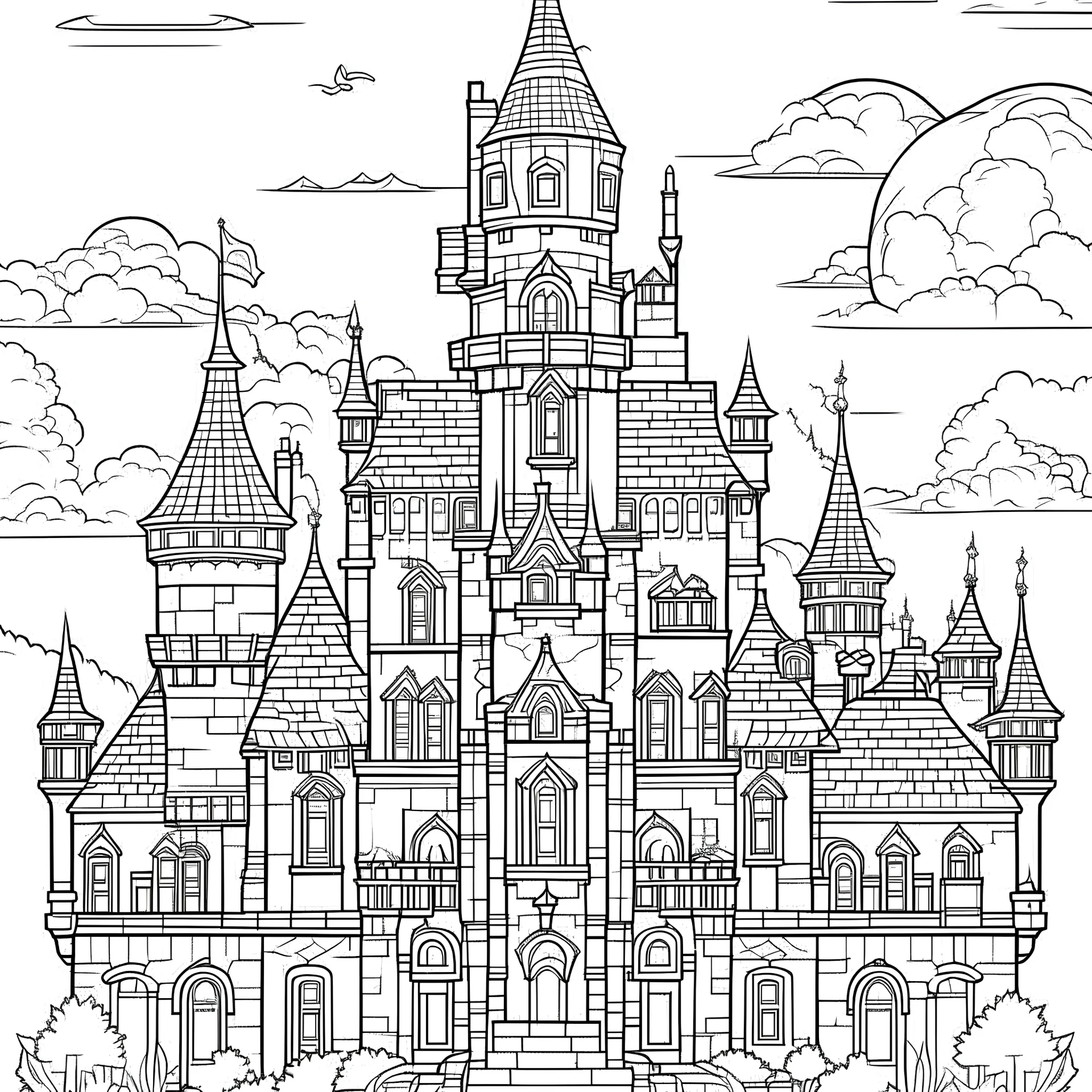 outline art for square future castle coloring page for kids, classic manga style, anime style, realistic modern cartoon style, white background, sketch style, only use outline, clean line art, no shadows, clear and well outlined