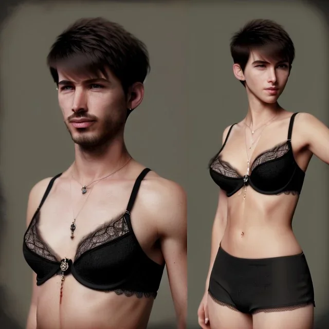 a short hair guy with a boyish face a beautiful cleavage in a lace neckline with a man's short haircut a thin waist and wide hips in bra and amulet of black magic mmuslim