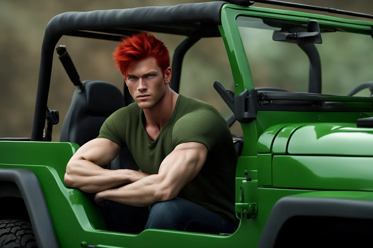 young rough and rugged muscular male photorealistic red hair and green eyes smirking expression sitting in a jeep