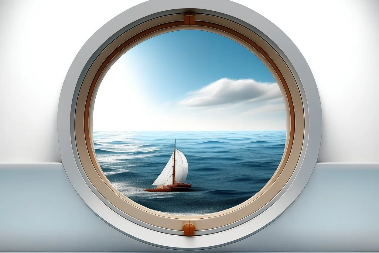 white,background,looking,through,a 3-d, hole,or,window,,a,seeing into an,ocean,with,sailing,boat