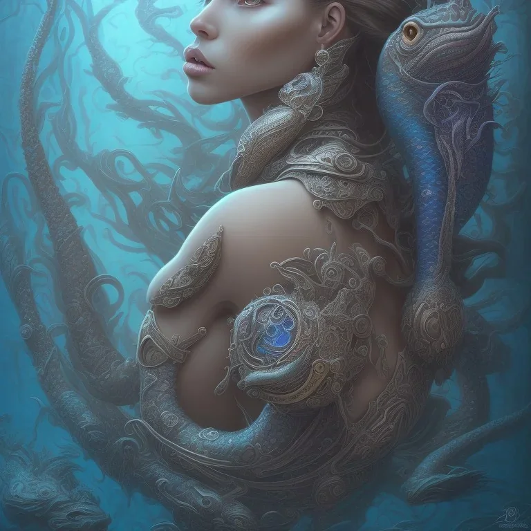 sango fantasy, fantasy magic, intricate, sharp focus, illustration, highly detailed, digital painting, concept art, matte, artgerm and paul lewin and kehinde wiley, masterpiece sexy lips Hawaiian afro lips black African lady body mermaid Dragonfish head blue space lady sea under water mermaid seaweed pyramid