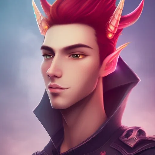 discord profile picture of man with short black hair with red streaks, with purple dragon horns on top of his head, looking mischievous