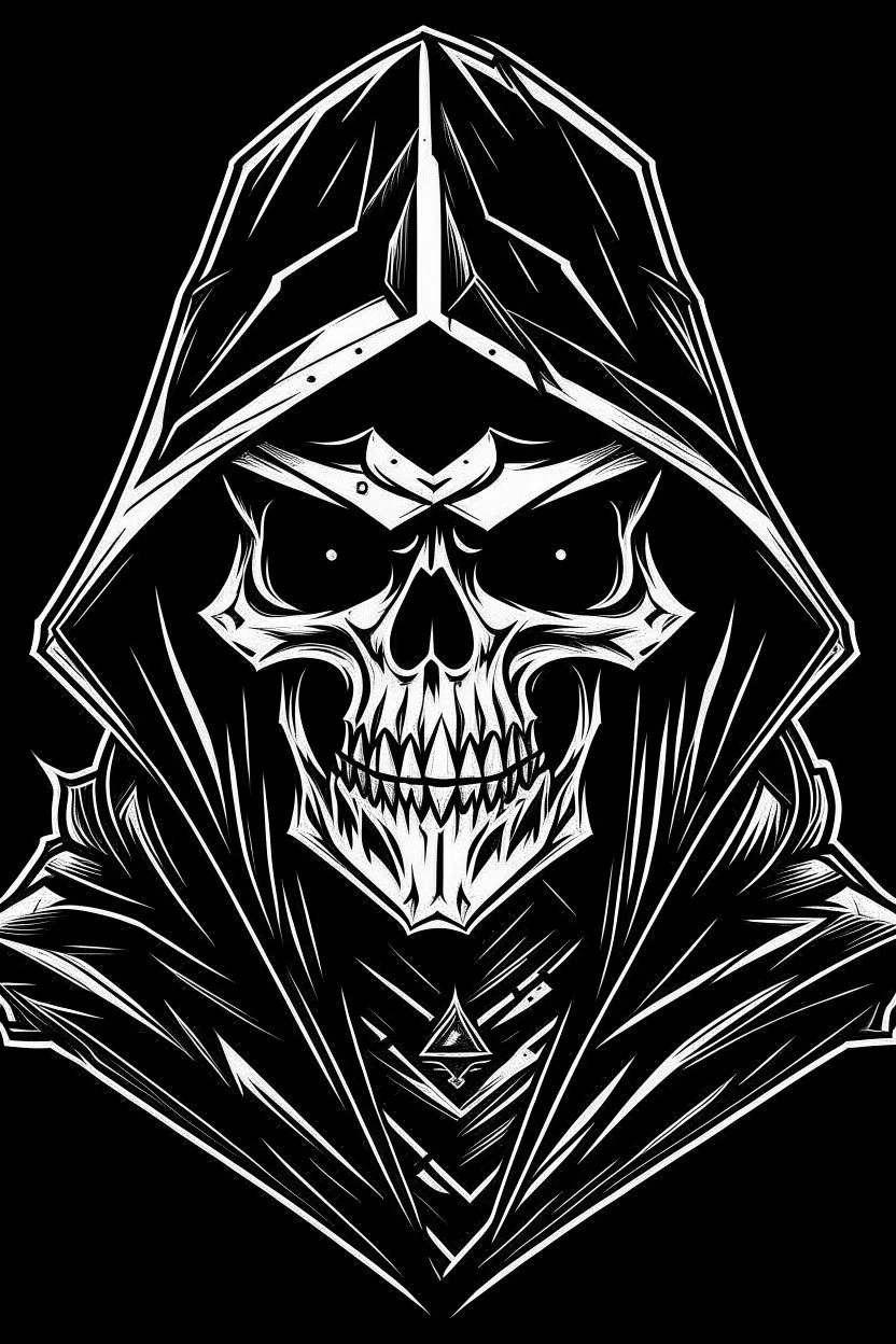 inside a diamond shape, skeletor motu in a black hooded cloak drawn in a retro mascot style, inside a diamond shape on a black background, monochromatic