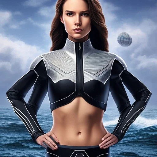 Dausy Ridley, star wars black bikini uniform Empire officer, movie poster, heroic gaze windswept hair, wide angle lens, full torso