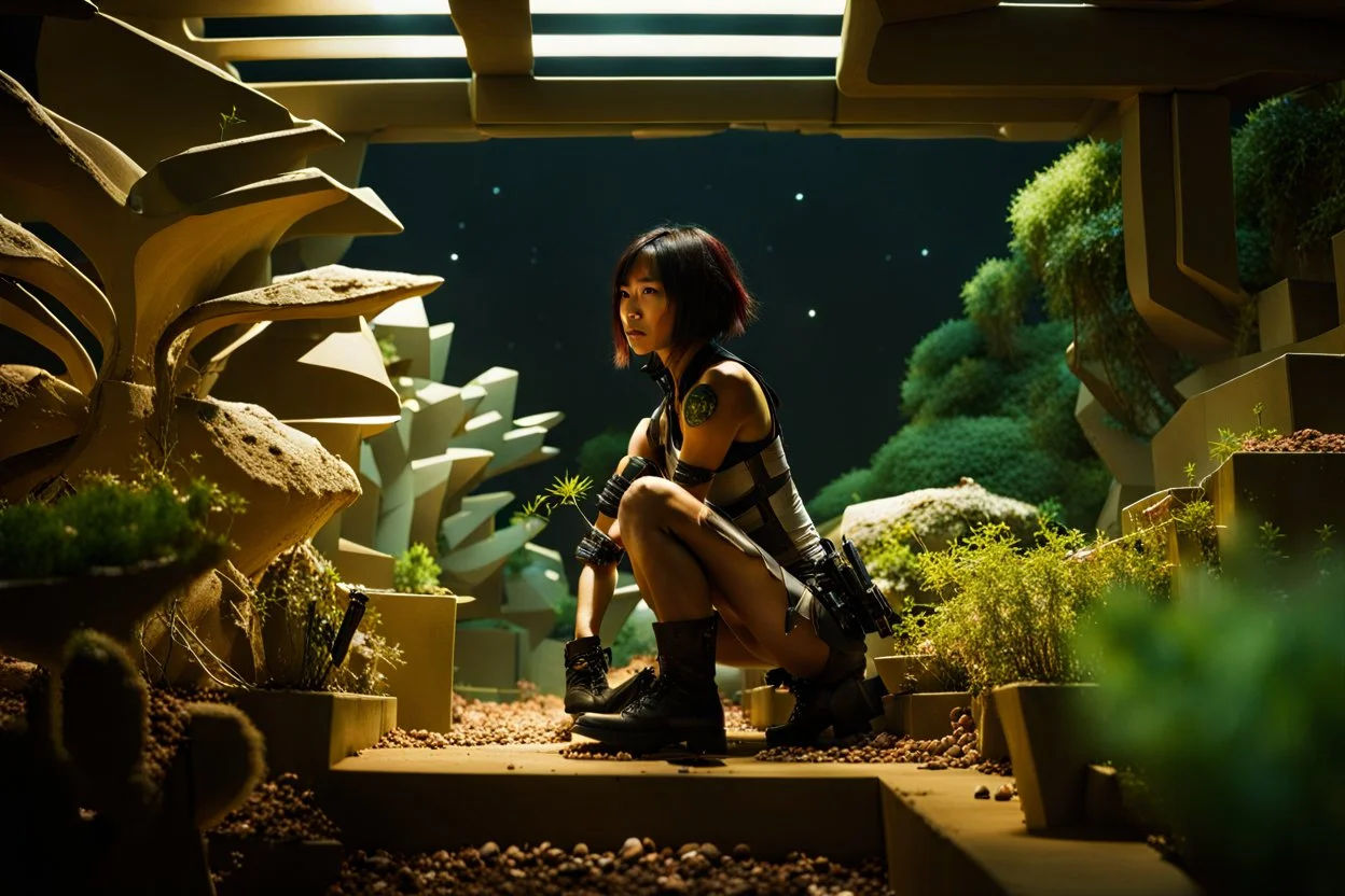 Unground underpunk and solarpunk tunnels, cinematic, extreme dof, dystopian, sci-fi, award-winning, Yui working hard in a garden, National Geographic, breath taking, oxygen farm but outside is a desert, fantasy, magical, geometry