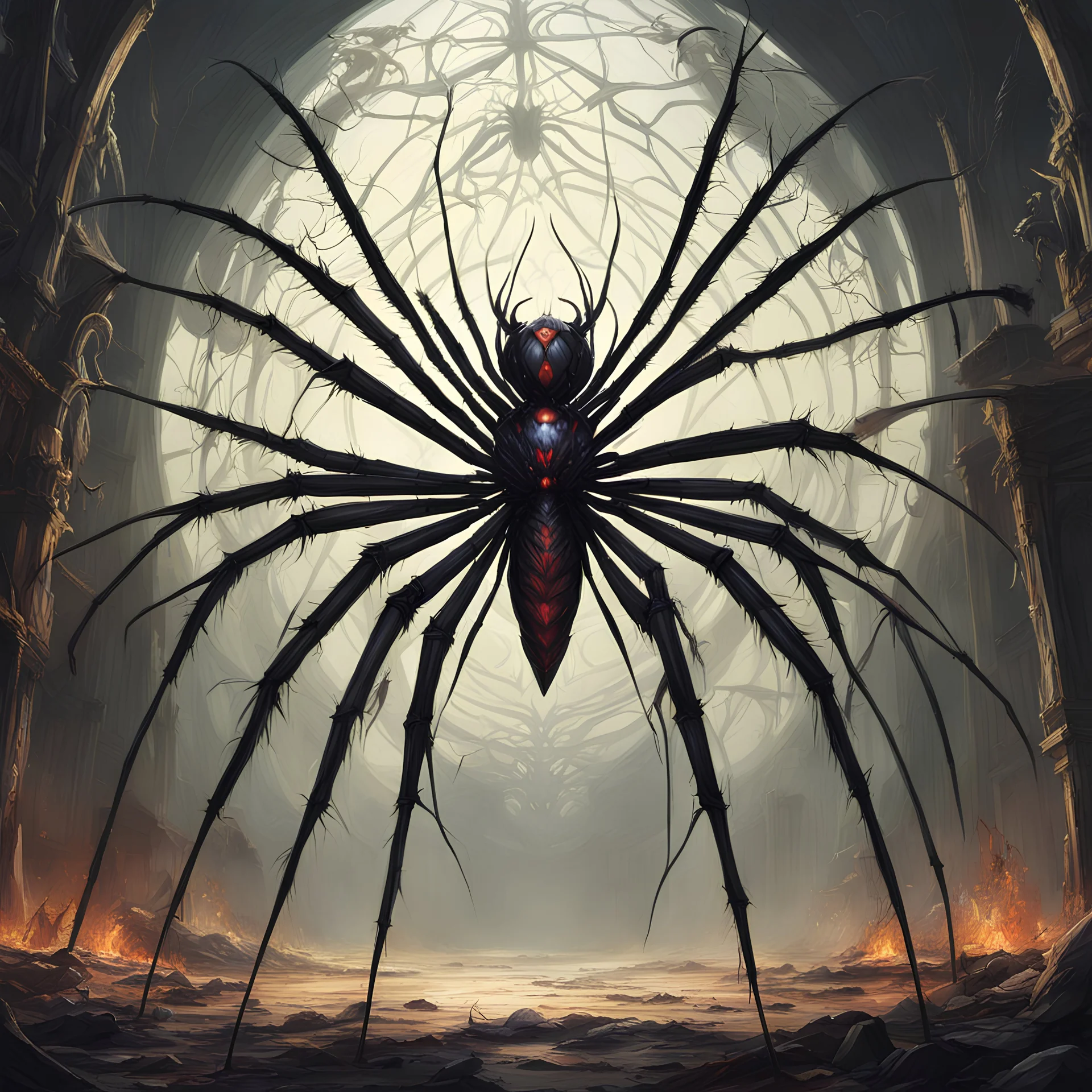 In the center of this unholy sanctuary stood the Arachnomorph Queen, a monstrous hybrid that seemed to defy the laws of nature. Her upper torso was that of an elegant woman, but her lower body morphed seamlessly into a grotesque spider's abdomen. The eight spindly legs that supported her colossal form ended in razor-sharp pikes, glinting ominously in the dim light. The queen's eyes, like shards of obsidian, fixed upon the intruders with a malevolent intelligence.