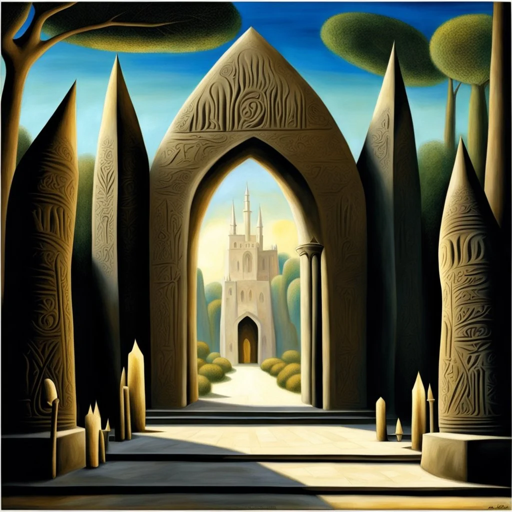 a gothic_arab gate in an Ancient stone temple with engraved runes:: by artist "Leonora Carrington", by artist "Tarsila do Amaral":: Cinematic lighting with shadows:: eye_level perspective::