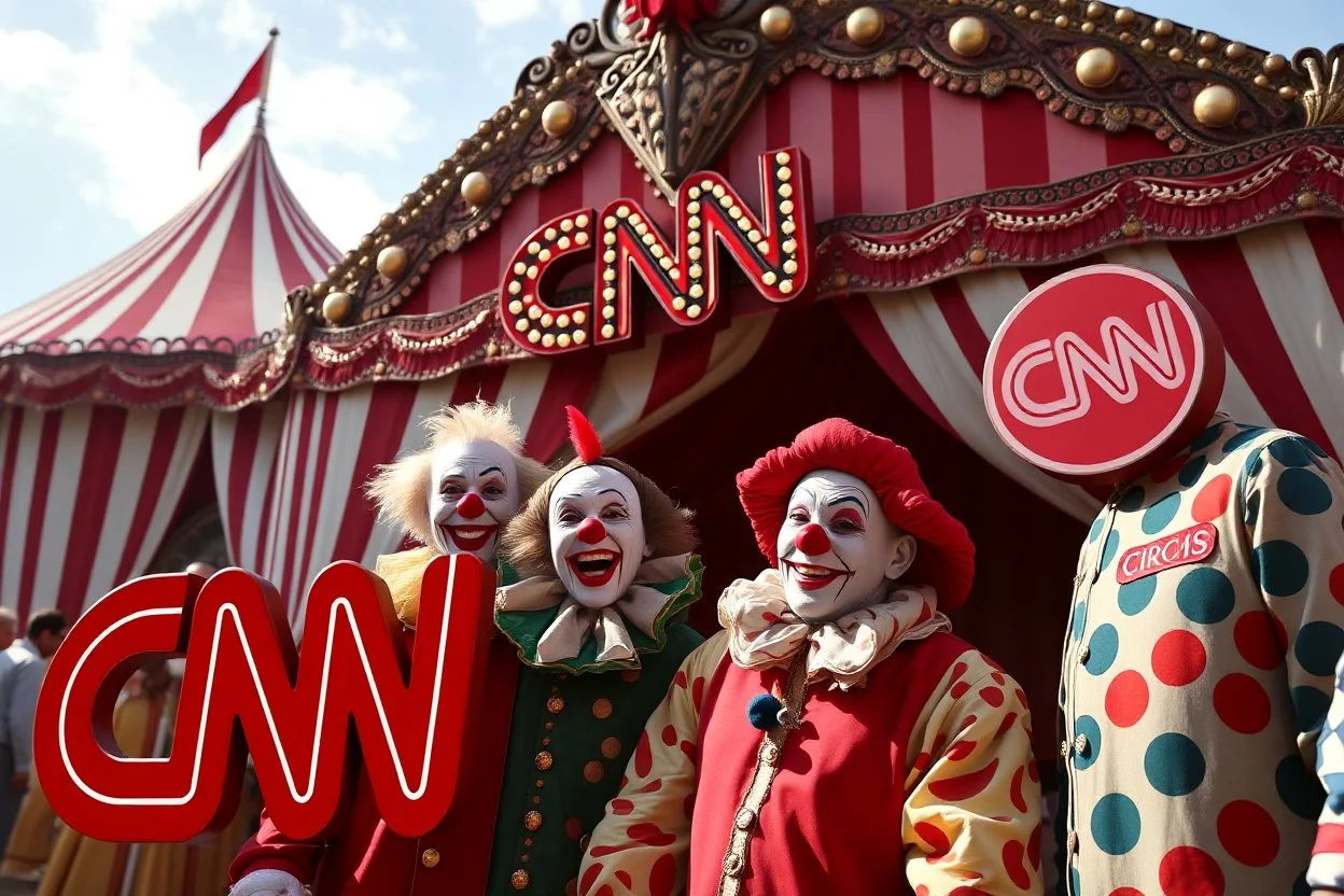 a group of clowns in front of the circus with a CNN logo