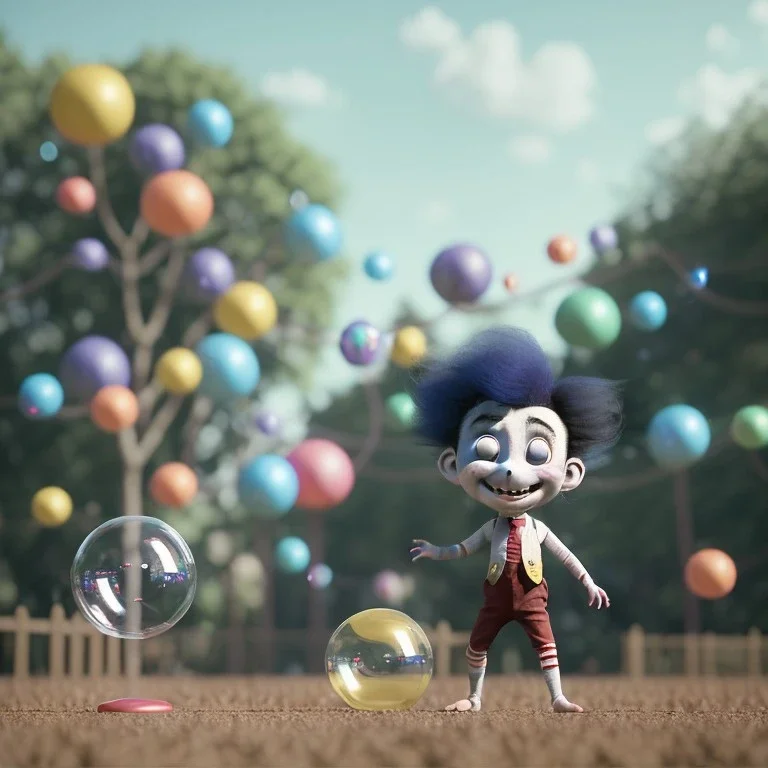 Ultra realistic circus scene. Sweet one ball hair monster with Child’s playing, smile, happy, color bubbles, smooth color, waist up view, Wes Anderson style, dark ambient, highly detailed, concept art, unreal engine 5, god rays, ray tracing, RTX, lumen lighting, ultra detail, volumetric lighting, 3d, finely drawn, high definition, high resolution.