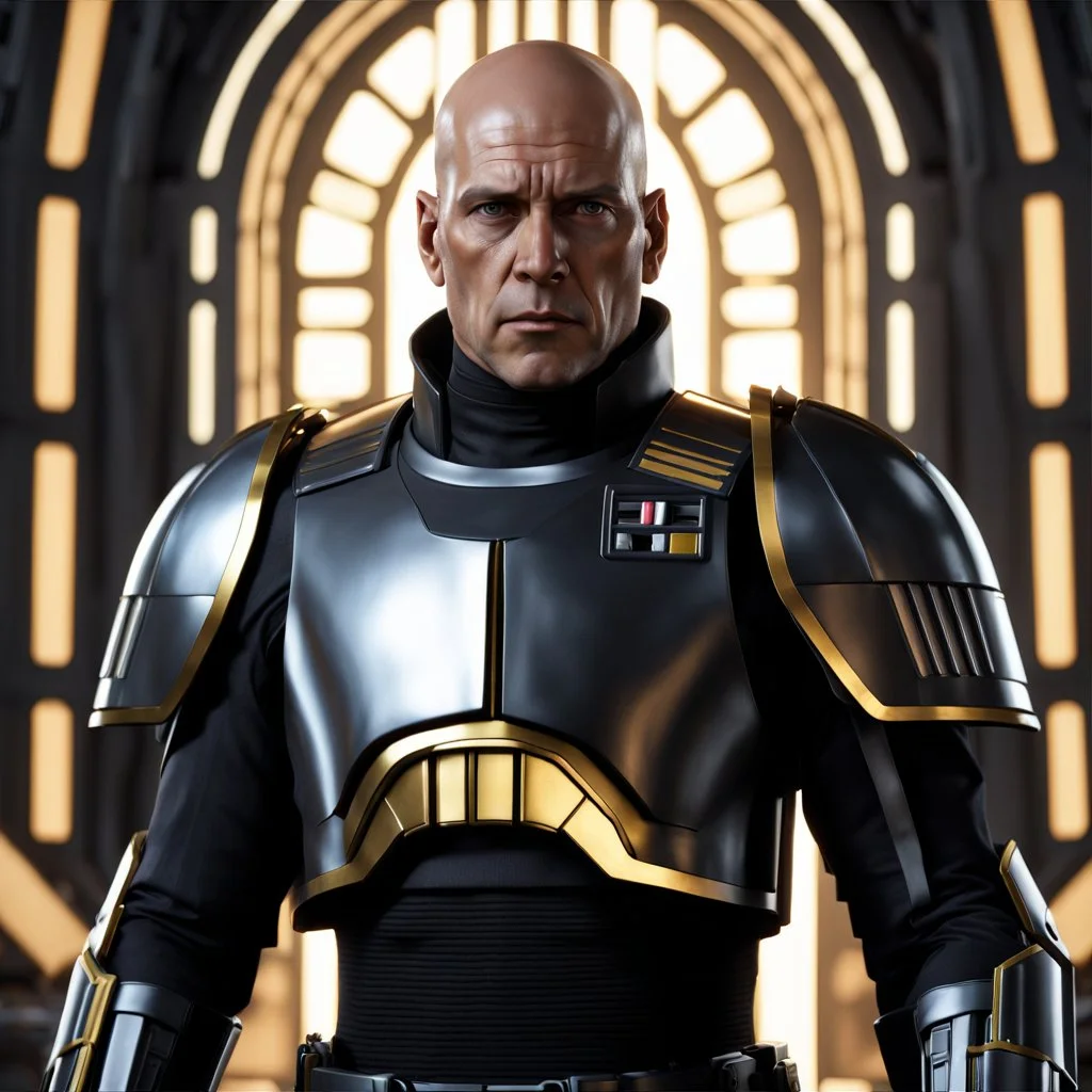 star wars bald male corellian pilot wearing pearlescent black and gunmetal grey First Order special forces heavy assault armor and helmet with gold trim inside the jedi temple, centered portrait, hyperdetailed, dynamic lighting, hyperdetailed background, 8k resolution, volumetric lighting, light skin, fully symmetric details