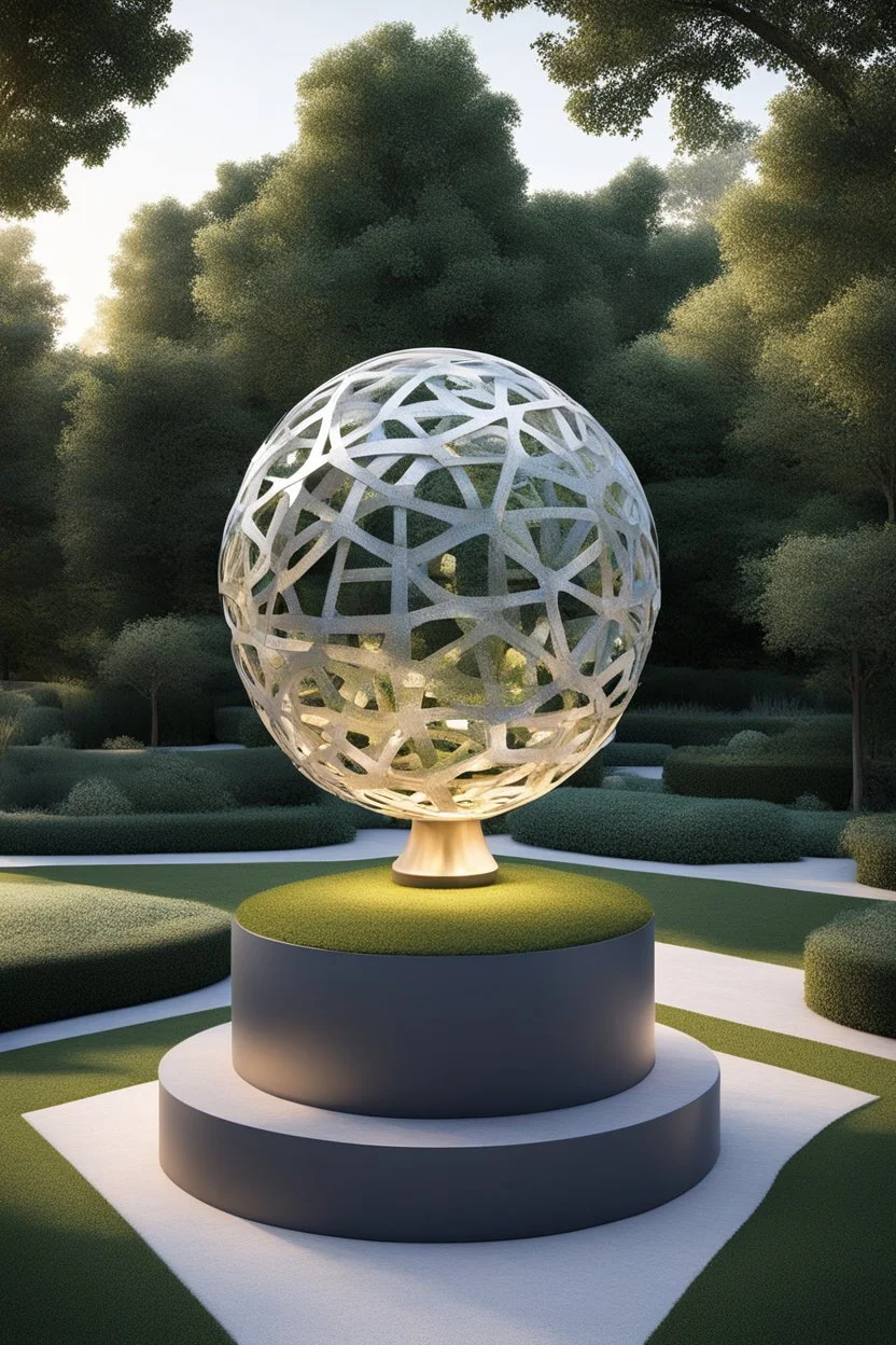 оформление территории со статуей шара виде атома/молекула. Сделать поверхность шара похожей на модель атома или молекулы, используя геометрические формы, светящиеся элементы или проекцию. . Для этого можно использовать различные геометрические формы, такие как круги, треугольники, шестиугольники и т. д., чтобы создать абстрактное изображение структуры атома или молекулы. Кроме того, возможно использование светящихся элементов, чтобы придать статуе особую магическую атмосферу и привлечь внимание