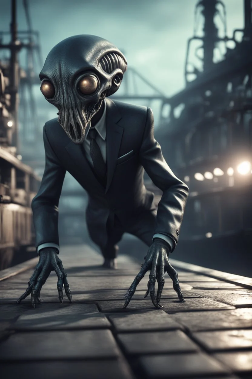 xcom's terror from the deep giger style alien with suit and tie crawling onto the docks in fallout 4 setting, bokeh, downlight, prize winning, depth of field, in the style of ivo caprino