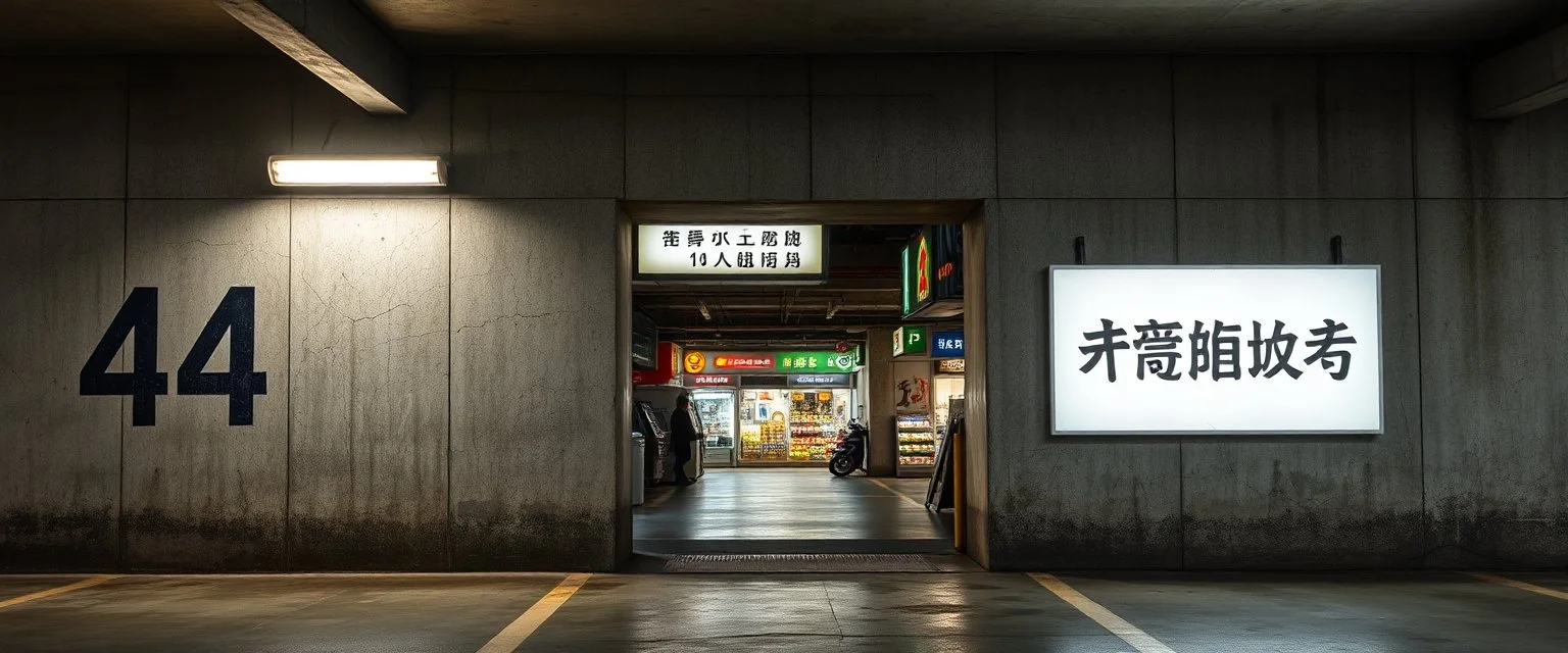 background of wall(wet textured concrete, gray, old, cracked, stained, 1 wall light) from underground parking, hong kong style, a large number "44" painted on left(old faded paint), at middle is an opening into an area with asian shops, cyberpunk, to the right of opening a white rectangle containing alien language