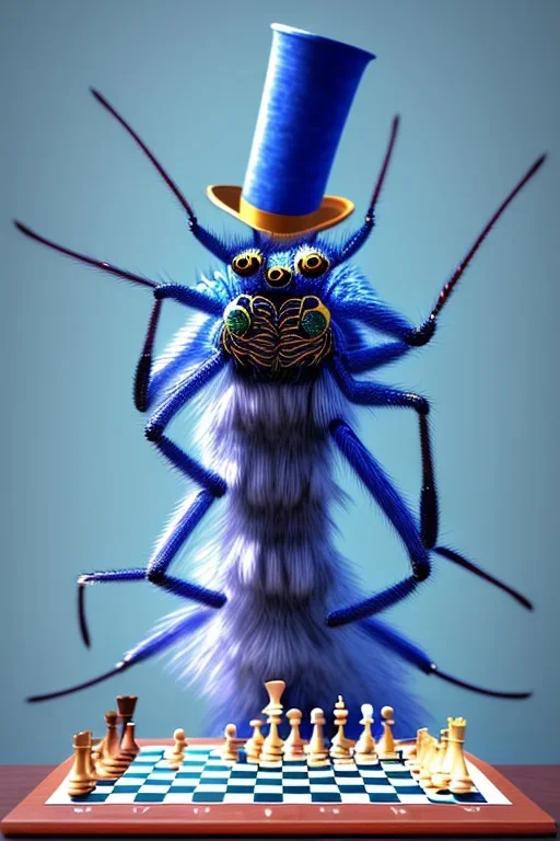 large hairy blue spider wearing a top hat and playing chess, neo-impressionism, trending on artstation, jungle setting, pastel colors,