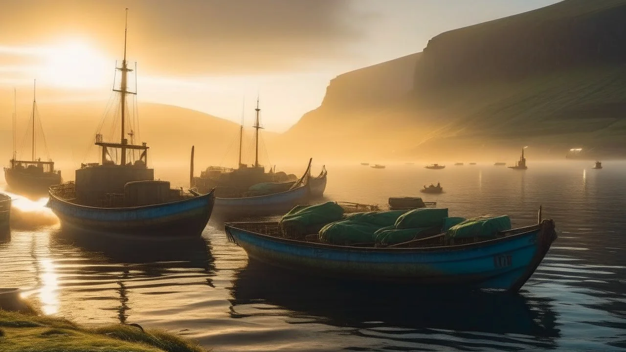 Fishermen’s boats anchored around a harbour in the Faroe Islands near a fishing village, fishermen putting fishing nets on their boats, mist covering the distance, calm sea, early morning, sunrise, the moment the sun rises, beautiful romantic photograph, excellent composition, atmospheric, realistic