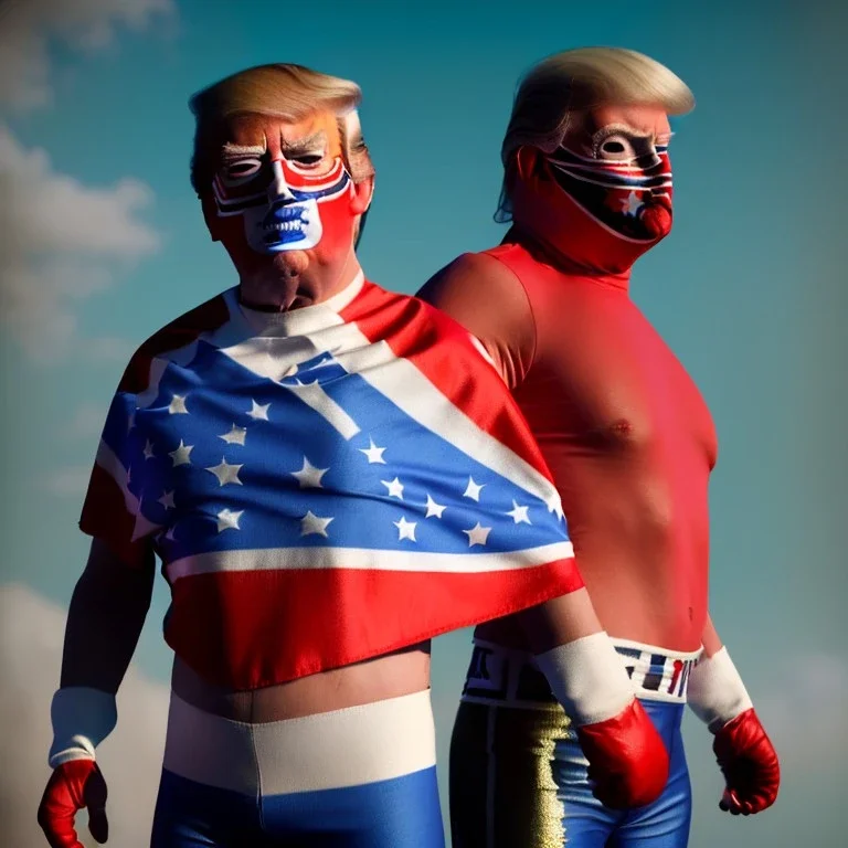 realistic image of donald trump as a mexican wrestling fighter posing outdoors, Mexican eyes wrestling mask, red and blue breeches, confederate flag cape, retro style, 80s, vibrant color, highly detailed, sky background, concept art, unreal engine 5, god rays, ray tracing, RTX, lumen lighting, ultra detail, volumetric lighting, 3d, finely drawn, high definition, high resolution.