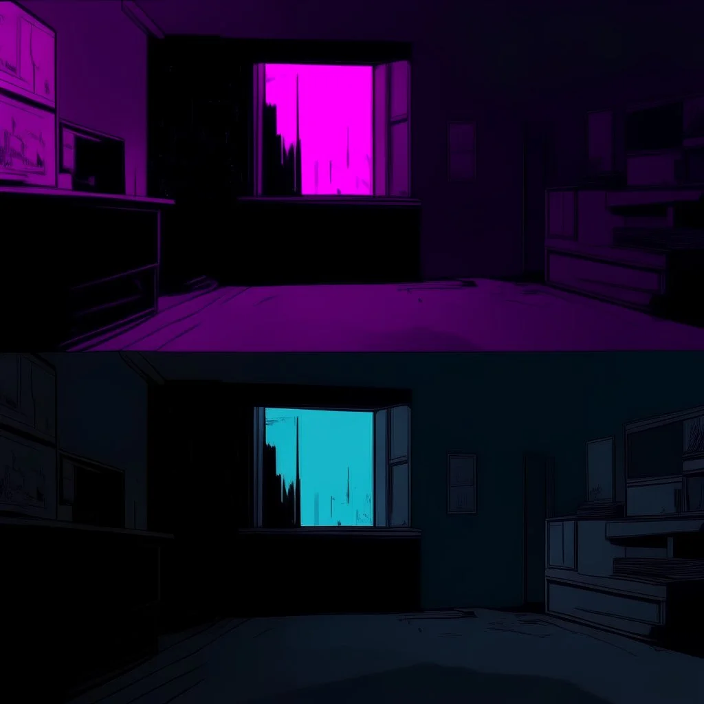 comicbook, panels, cartoonish colors, in the left panel, a tv in a minimalist room setting, (in the right panel, a tv (side angle view:1.2)of the tv), background is a haunting dimly lit, decrepit room.The atmosphere should be chilling, with shadows and decay adding to the eerie ambiance, vibrant palette, volumetric lighting