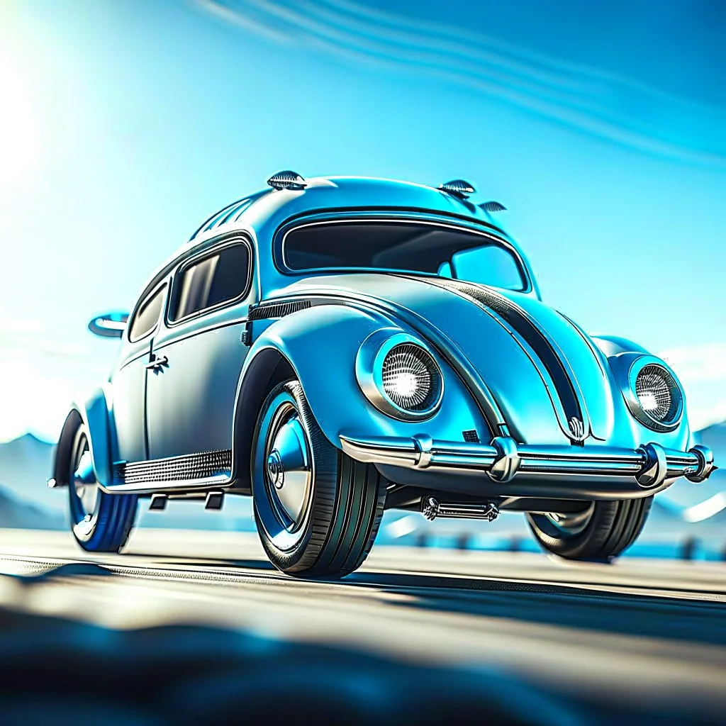 a high definition screen shot of a jet-fighter vw-beetle, retrofuturistic, phototrealism, in flight, one subject,