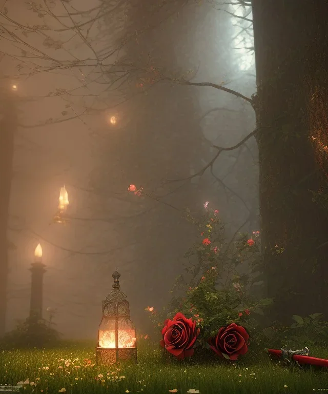 goth, roses, axe, romance, fantasy, fairies, runes, norse, red, low lighting, octane render, ambiance, professional photo, unreal engine,