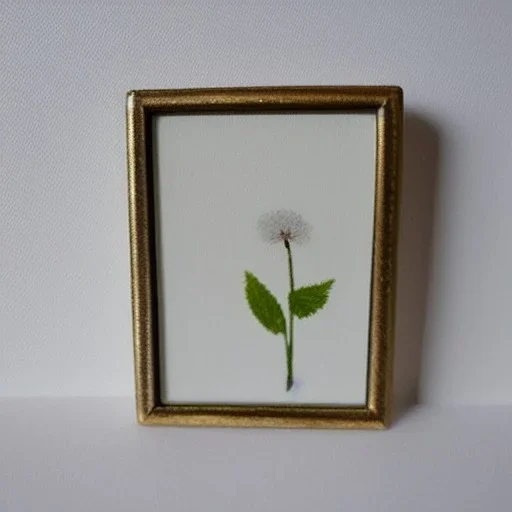 tiny oil painting of single long stem pressed flower, tiny white canvas, tiny white modern frame, melancholy, tender, moody, vintage, delicate arrangement, beautiful composition, etsy, aesthetic layout, plain solid white background