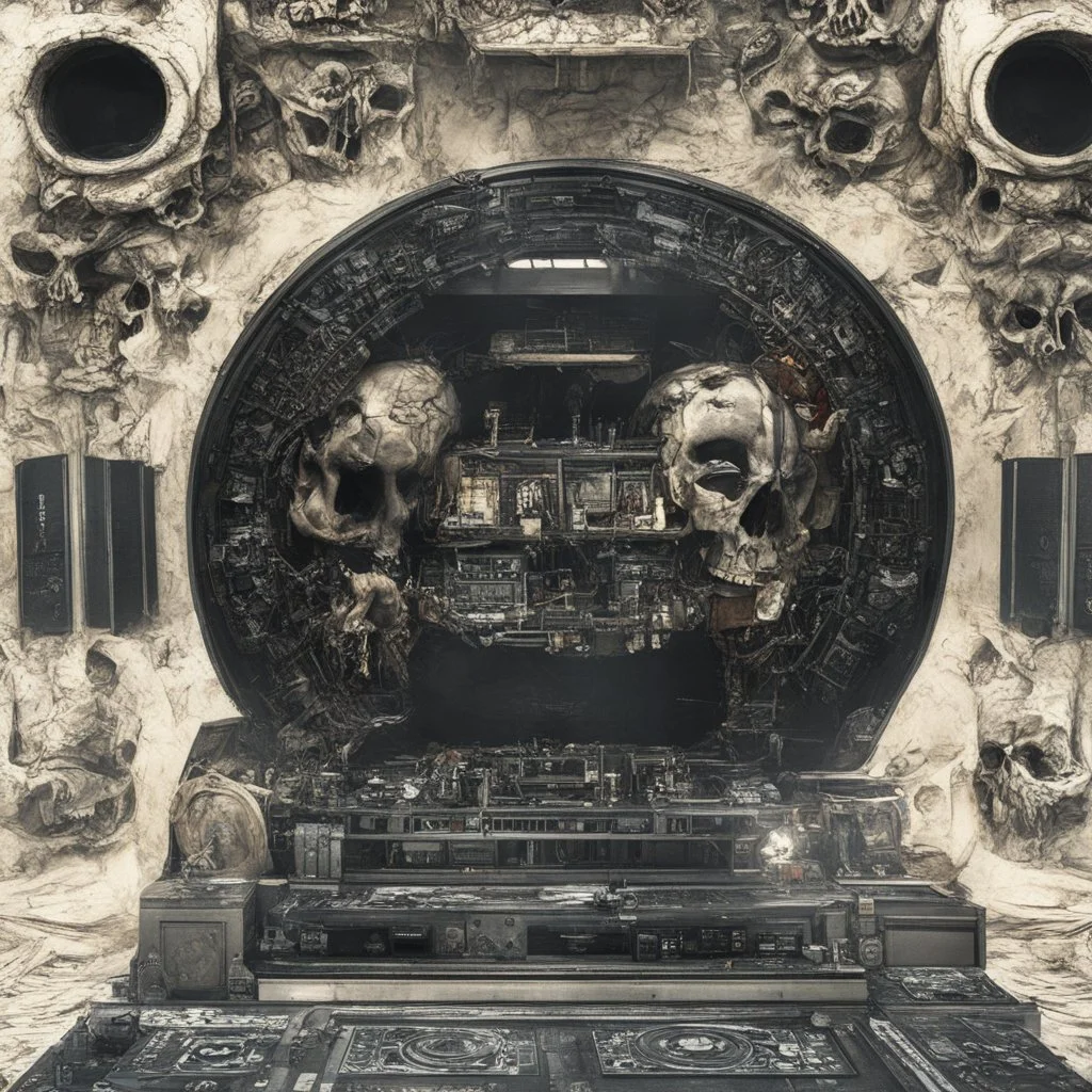 DJ of the damnded, insanely detailed DJ booth in hell, MID set, speakers and equipment made of bone, anatomically correct, add more skulls in th audience, photorealism, vray, 8k 3d https://stablecog.com/generate?o=a67b60e0-edd2-418d-9744-d1d585055d7fv https://stablecog.com/generate?o=93026b00-ac6b-436a-bc57-6aa04073d4a9