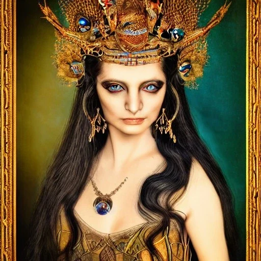 portrait of woman queen of peacocks, long black hair, blue eyes, stunning, beautiful, gorgeous, realistic, photo illustrative, ornate, 8K resolution, high-quality, fine-detail, digital art, detailed matte, brian froud, howard lyon, selina french, anna dittmann, annie stokes, lisa parker, greg rutowski,