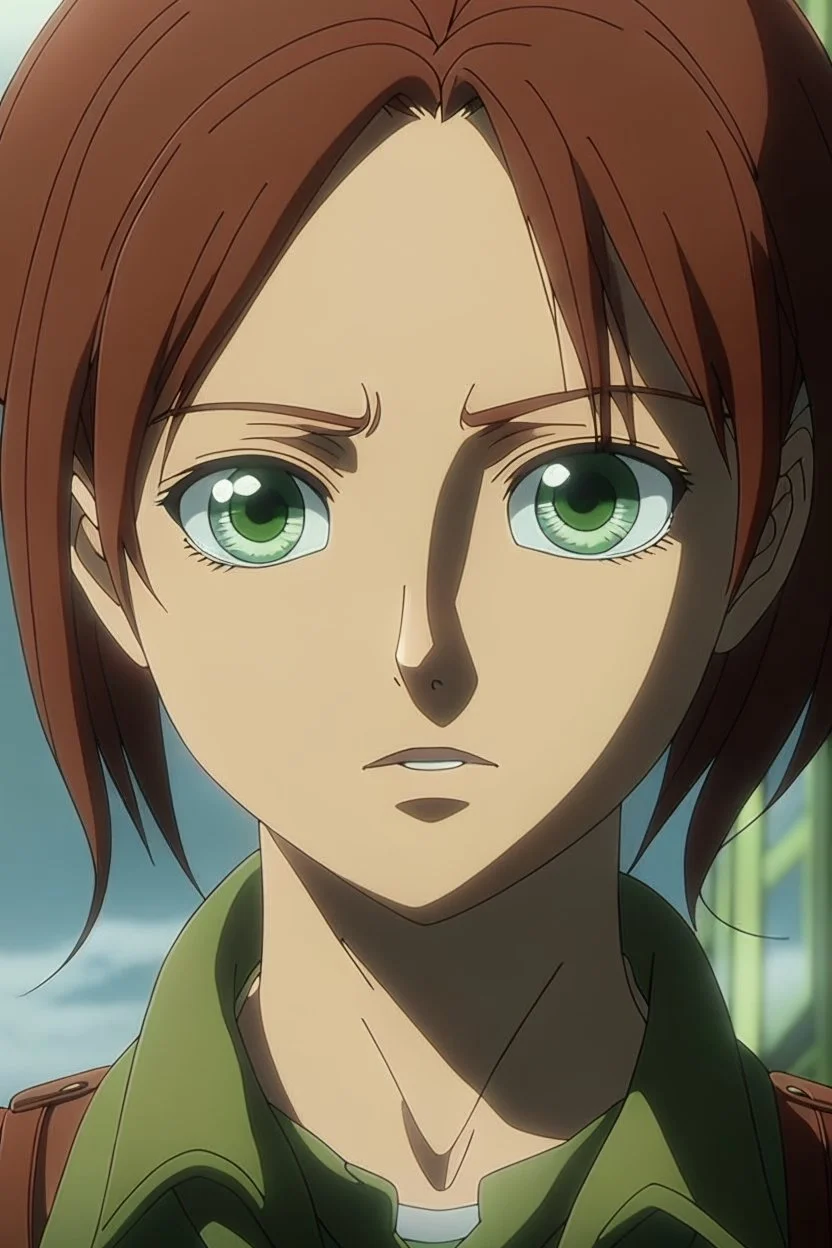 Attack on Titan screencap of a female a girl with square green eyes and brown hair