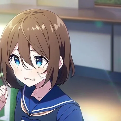 Clear focus, High resolution, Teenager, Adorable, Anime screencap, transformation, long flowy brown hair, hair between eyes, blue eyes, wearing a sailor uniform, blushing and screaming, in the classroom