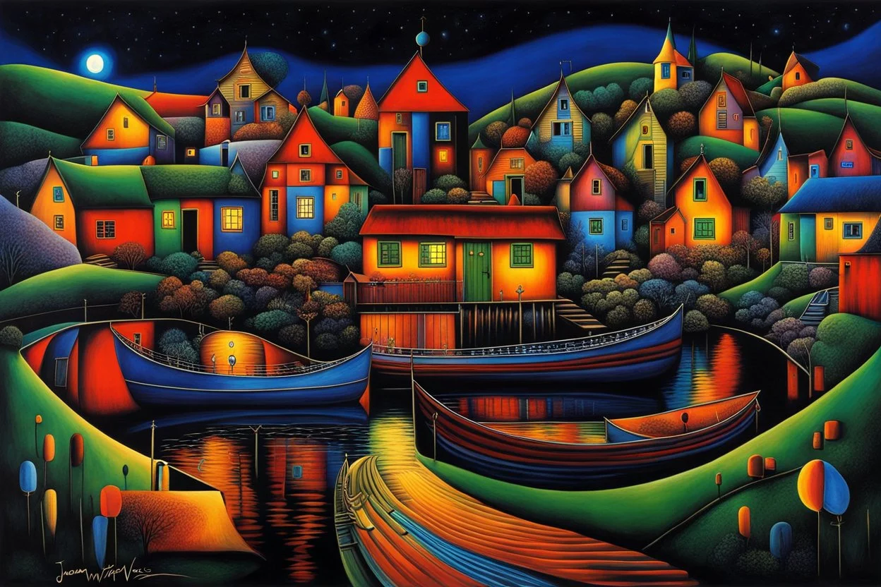 deep colors village dark surreal mood, mystic, nightly lights, shadows, by Hundertwasser, Joan Miro, Sorayama Hajime and Kandinsky, intricate details, beautifull shot, perfect composition, dark fantasy, sinister, surreal cinematic