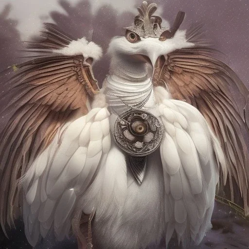 smooth hyper realistic, beautiful Japanese snow bird robot in crown, pale colors, dark cosmos background, extremely sharp detail, finely tuned detail, ultra high definition, 8 k, unreal engine 5, ultra sharp focus, accurate sword wings, positive smile, lot of details, fit within portrait, Ambiance winter, perfect composition, perfect hair, perfect hands, finger up gestures