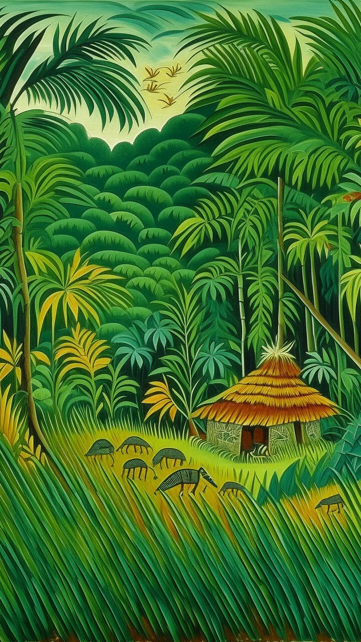 A green jungle with tribal huts designed in Navajo woven art painted by Henri Rousseau