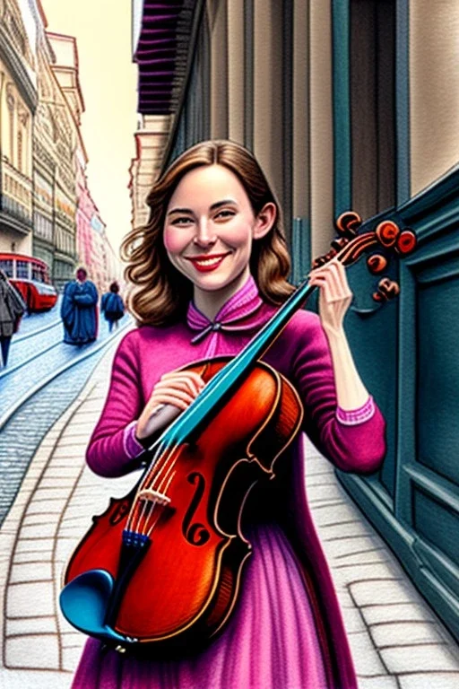 One single female cat playing violin on the street, Vienna, colours, smiling, model style, hyper realistic, extremely accurate, delicate, extremely detailed, Graphic novel style, wide-angle, open aperture, superfine pencil