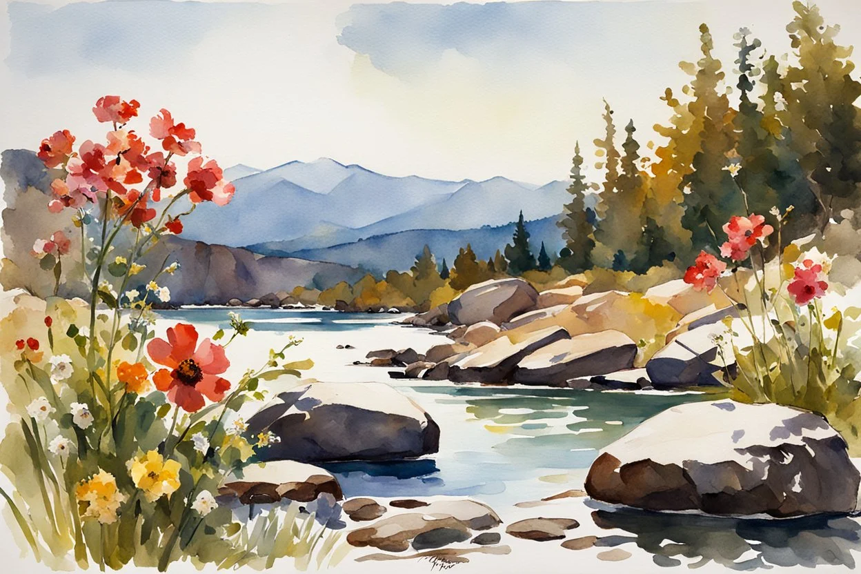 Sunny day, rocks, flowers, spring, mountains, epic, winslow homer watercolor paintings