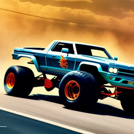 fullbody Drawing of 'HOT WHEELS MONSTER TRUCK',intricate detail,andrea bonelli,Kilian Eng,Ohrai,evan lee,Aleksandr Sidelnikov,KyuYong Eom,three quarters frontal aerial view,toned colors,16k