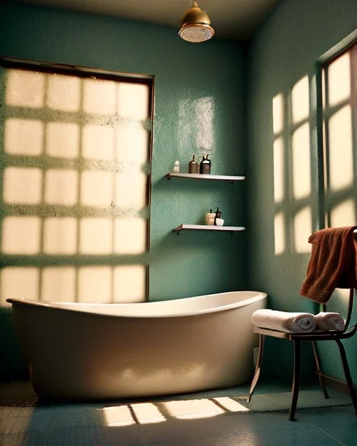 Bathroom scene, big hair monster into bath, Wes Anderson style, realistic photo, realistic image, concept art, smooth, unreal engine 5, god lights, ray tracing, RTX, lumen lighting, ultra detail, volumetric lighting, 3d.