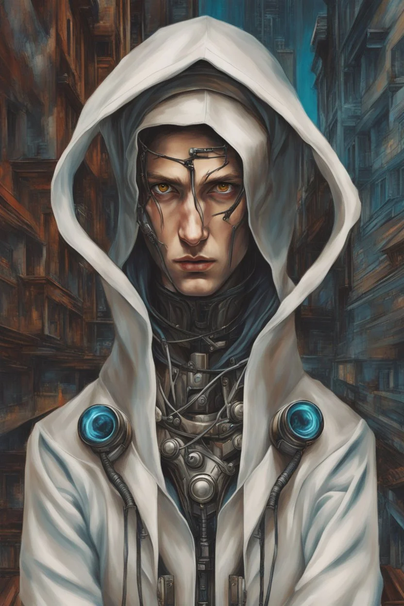 Sandro Botticelli style. Masterpiece of a hooded killer Cyborg, his eyes are intense, contrasting colors. Fondo ciudad