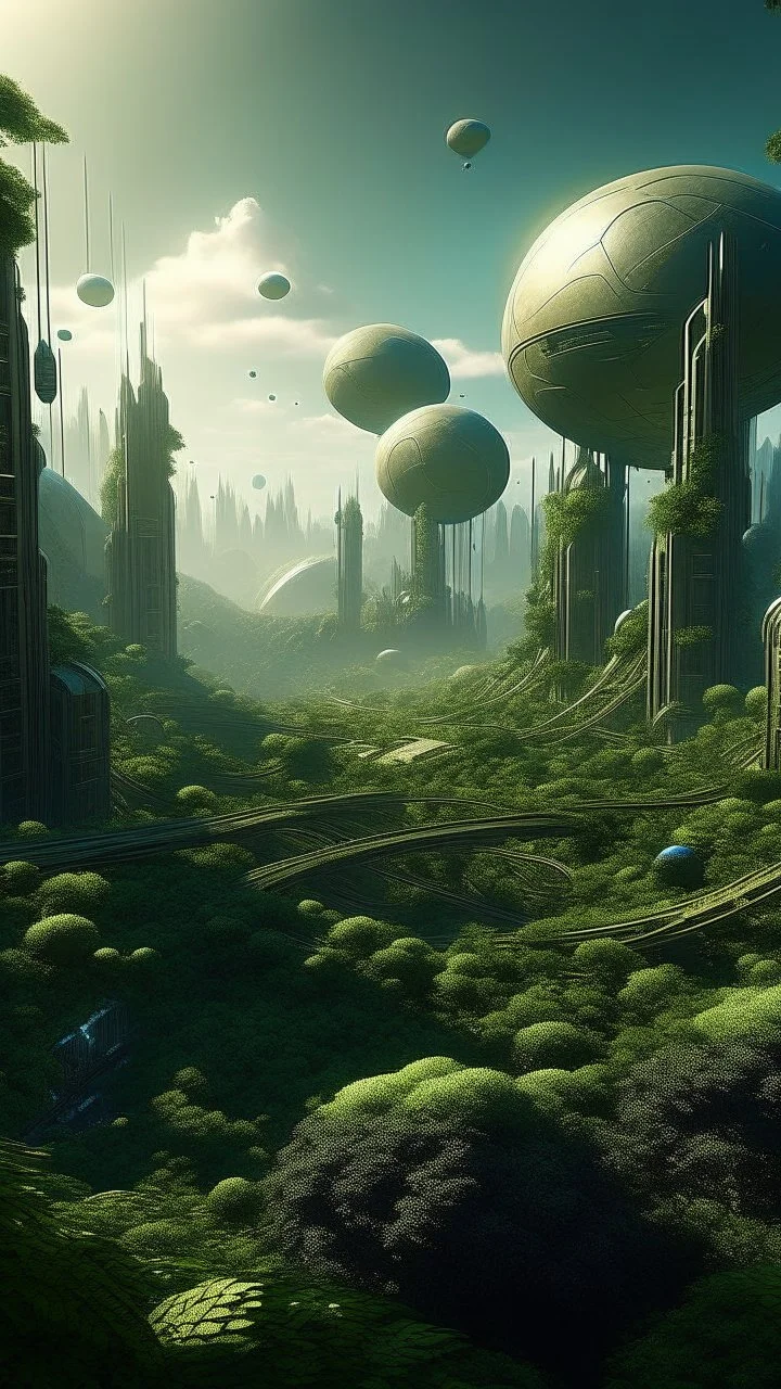 sci fi planet, forest, busy city