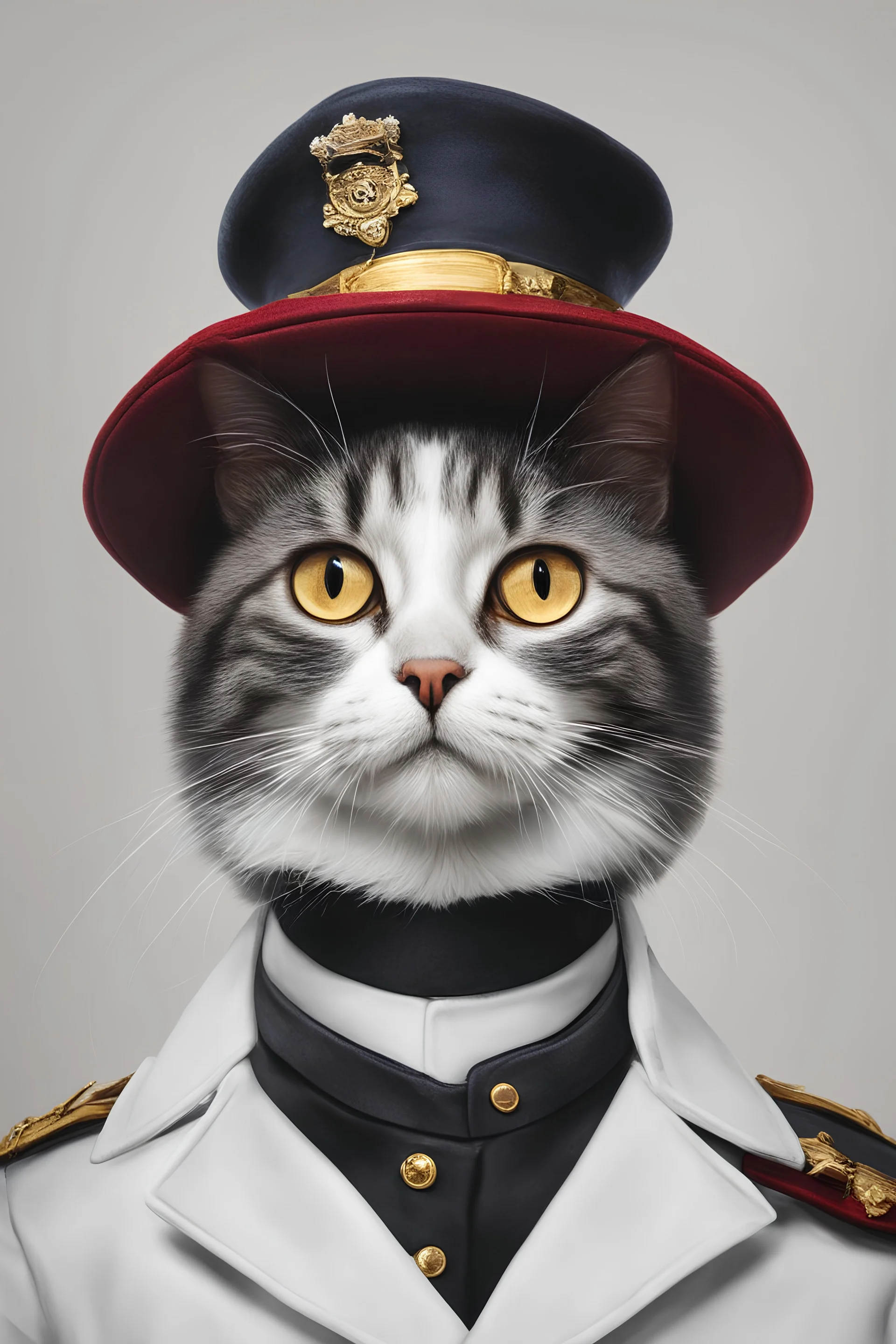 Portrait of a cat in a hat and uniform, made in a realistic style on a uniform white background