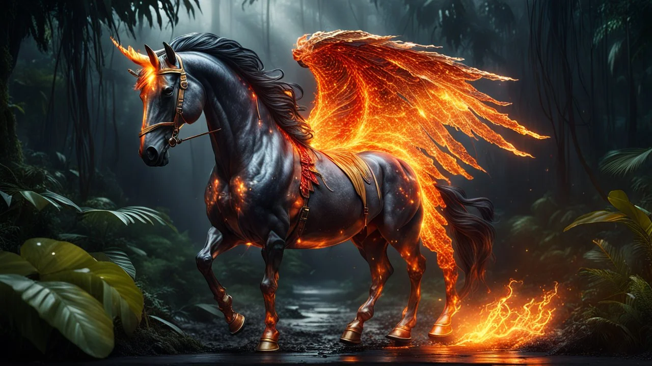 Hyper Realistic Crystal-Fire-horse-with-golden-horn & fire-wings inside a jungle at dark rainy night showing dramatic & cinematic ambiance.