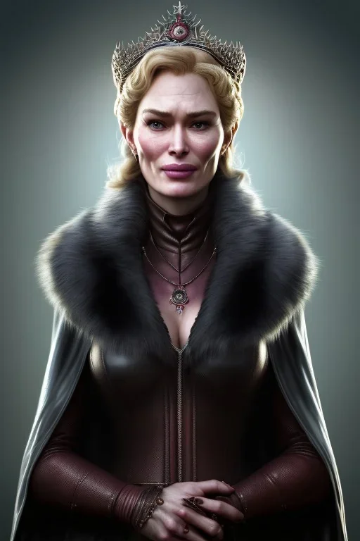 Cersei Lannister as evil queen in black leather and fur, busty, cleavage, curvy, lena headay, angry, stern look. character design by cory loftis, fenghua zhong, ryohei hase, ismail inceoglu and ruan jia. unreal engine 5, artistic lighting, highly detailed, photorealistic, fantasy