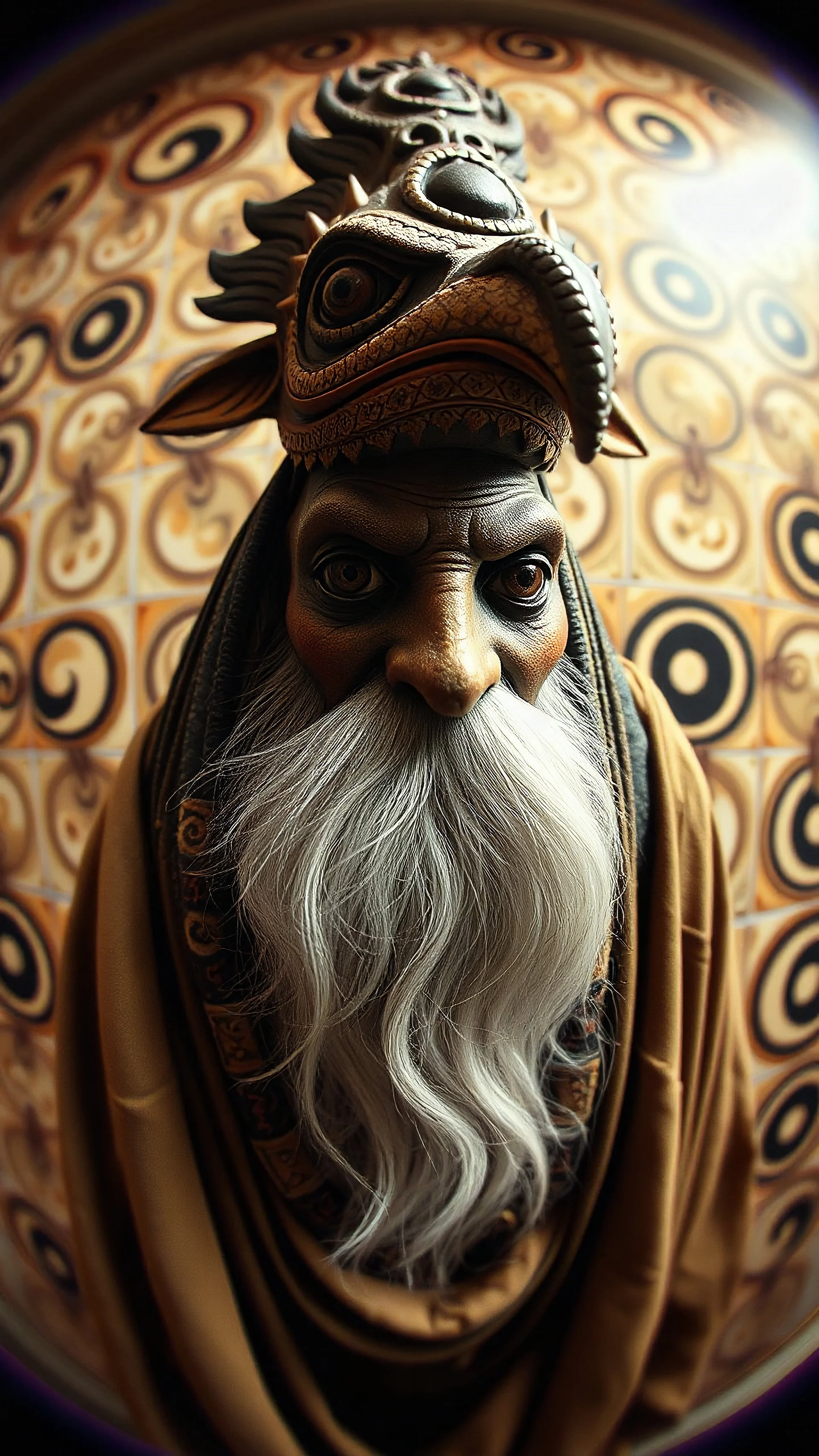 fish eye lense, pin hole cam, master oil painting by Rembrandt, realistic rendering Portrait of the Apkallu sage who were sent by the god Ea to teach civilization to humanity before the flood. They were depicted as half-human and half-fish or bird, and were associated with wisdom, magic, and culture. blurred tile yin yang pattern background, brightened edges to give a sense of depth